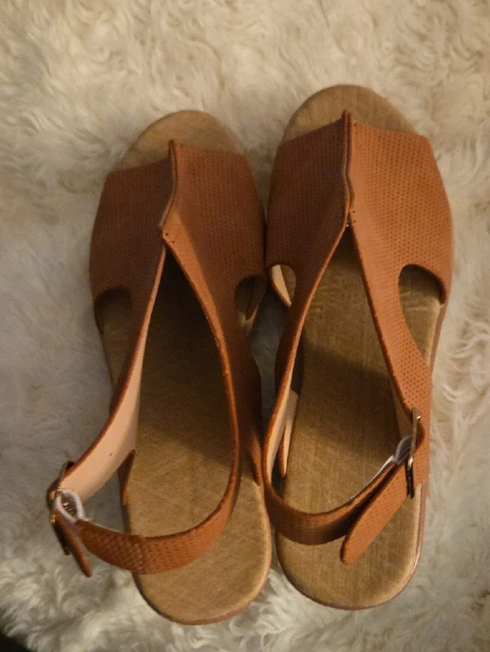 Women's Open-Toe Wedge Sandals in Cognac Tan - Adjustable Slingback